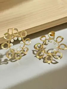 Fida Brass Gold Plated Floral Motif Pearl  Stud Earrings