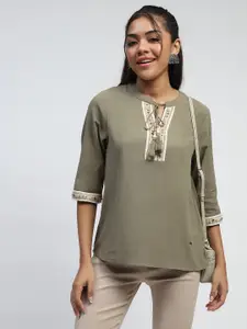 Global Republic Embellished Embroidered Mandarin Collar Cotton Blouson Top