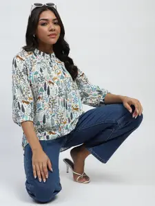 Global Republic Floral Print Mandarin Collar Blouson Top