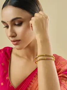 Kushal's Fashion Jewellery Ruby Set Of 2 Gold-Plated Ethnic Antique Bangles