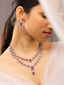 Rubans Rhodium-Plated Ruby Red & White Cubic Zirconia Studded Luxe Layered Necklace Set