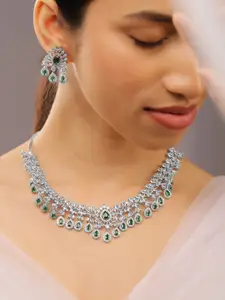 Rubans Rhodium-Plated Emerald Green & White Cubic Zirconia Studded Chandelier Necklace Set