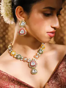 Rubans 24K Gold-Plated Multicolor Kundan & Cubic Zirconia Stone Handcrafted Necklace Set