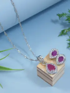 I Jewels Silver Plated Cubic Zirconia & American Diamond-Studded Pendant & Earrings