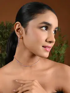 I Jewels Rose Gold Plated Cubic Zirconia & American Diamond-Studded Necklace & Earrings