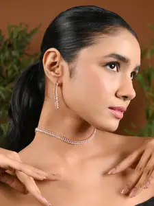 I Jewels Rose Gold Plated Cubic Zirconia & American Diamond-Studded Necklace & Earrings