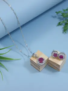 I Jewels Silver Plated Cubic Zirconia & American Diamond-Studded Pendant & Earrings