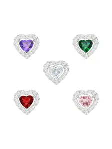 MINUTIAE Set Of 5 Silver-Plated Artificial Stones Studded Heart Shaped Studs