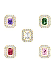 MINUTIAE Set Of 5 Silver-Plated Kundan Studded Square Shaped Studs