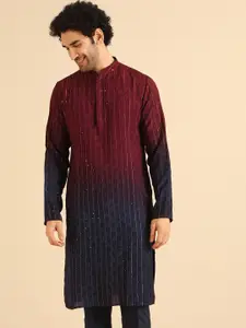 KISAH Men Geometric Woven Design Mandarin Collar Sequinned Straight Kurta