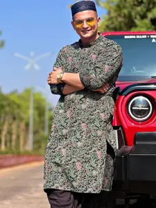 KISAH Floral Printed Mandarin Collar Pure Cotton Straight Kurta