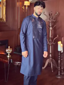 KISAH Striped Embroidered Mandarin Collar Cotton Straight Kurta