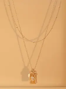 ToniQ Gold-Toned Rectangle Pendant Heart White Stone with Pearl Drop Layered Necklace