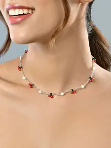 ToniQ White Floral Beaded and Red Cherry Drops Choker Necklace