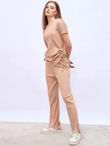 Styli Women Wide Rib T-Shirt With Ruching & Wide Leg Joggers Co-Ord Set