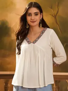 Sangria Embroidered V-Neck Gathered Peplum Top