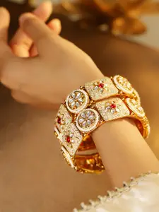 Rubans Set of 2 24K Gold Plated Red & Green Kundan & Pearl Studded Meenakari Bangles