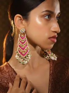 Rubans 24K Gold-Plated Ruby Pink Kundan & Green Beaded Handcrafted Shoulder Duster Earring