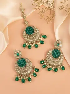 Peora Gold-Plated Kundan Studded & Beaded Chandbali Earrings & Maangtikka Jewellery Set