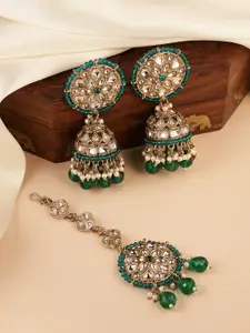 Peora Gold-Plated Kundan-Studded & Beaded Jhumki Earrings & Maangtikka Jewellery Set