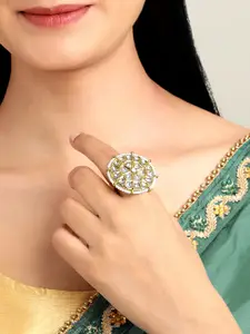 Peora Gold-Plated Kundan-Studded & Beaded Adjustable Finger Ring