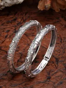 Anouk Women Set Of 2 Silver Toned German Silver Floral Oxidised Kada Bangle