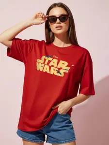 JUNEBERRY Star War Typography Printed Drop-Shoulder Sleeves Pure Cotton Oversized T-shirt
