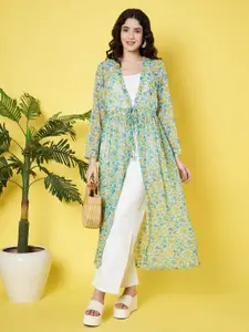 ANVI Be Yourself Floral Printed Gathered Front Open Chiffon Longline Shrug