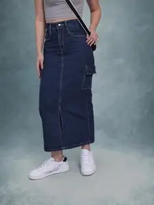 The Roadster Lifestyle Co. Cargo Denim Straight Maxi Skirt With Front Slit