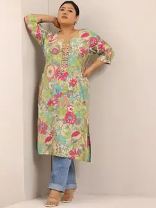 EXTRA LOVE BY LIBAS Plus Size Floral Printed Thread Work Straight Kurta