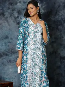 Sangria Floral Printed Chikanakri Embroidered Straight Kurta