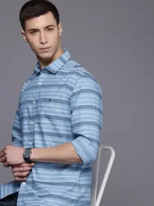 Louis Philippe Jeans Pure Cotton Slim Fit Horizontal Stripes Opaque Casual Shirt