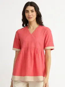 Pink Fort Pink & Beige Cotton Handwoven Colourblock Top