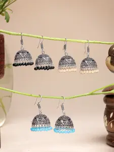 Sangria Set Of 3 Silver-Plated Oxidised Beaded Jhumka Earrings