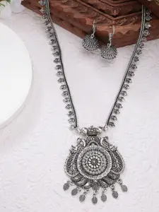 Sangria Peacock Design Oxidized Necklace With Jhumka Earrings