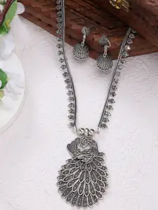 Sangria Peacock Design Oxidized Necklace With Jhumka Earrings