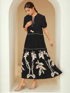 Dora Dori Floral Print Tie-Up Neck Puff Sleeve Maxi Dress