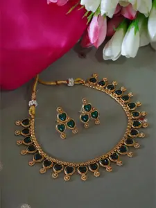 inc63-for elites Green Crystals-Studded Antique Matte Gold Heart-Shaped Necklace Set