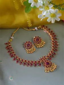 inc63-for elites Gold-Plated Ruby-Studded Leafy Matte Traditional Necklace Set