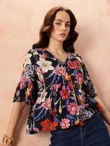 all about you Floral Print Bell Sleeve Crepe Peplum Top