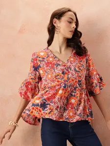 all about you Floral Print Puff Sleeve Crepe Peplum Top