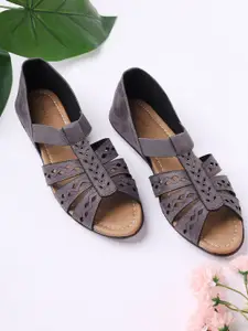 V-WALK Women Textured Open Toe Flats with Laser Cuts