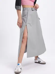 glitchez Grey High-Slit Maxi Skirt with Belt