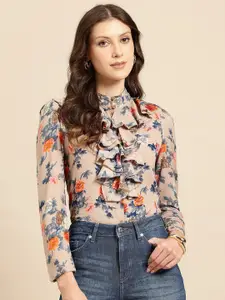 La Zoire Floral Printed Mandarin Collar Puff Sleeves Ruffles Casual Shirt