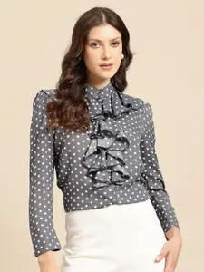 La Zoire Polka Dots Printed Mandarin Collar Puff Sleeves Ruffled Casual Shirt