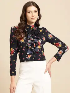 La Zoire Floral Printed Mandarin Collar Puff Sleeves Ruffles Georgette Casual Shirt