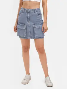 glitchez Faded Utility Cargo Denim Straight Mini Skirt