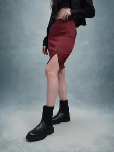 The Roadster Lifestyle Co. Ribbed Cotton Cambric Pencil Skirt With Side Slit