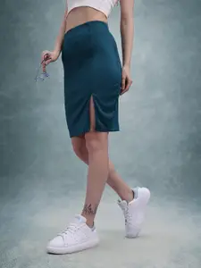 The Roadster Lifestyle Co. Ribbed Cotton Cambric Pencil Skirt With Side Slit