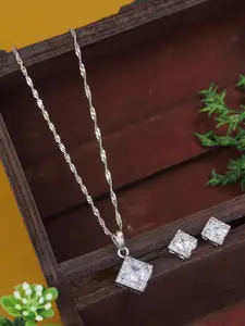 I Jewels Silver-Plated Cubic Zirconia Stones Studded Chain And Earrings